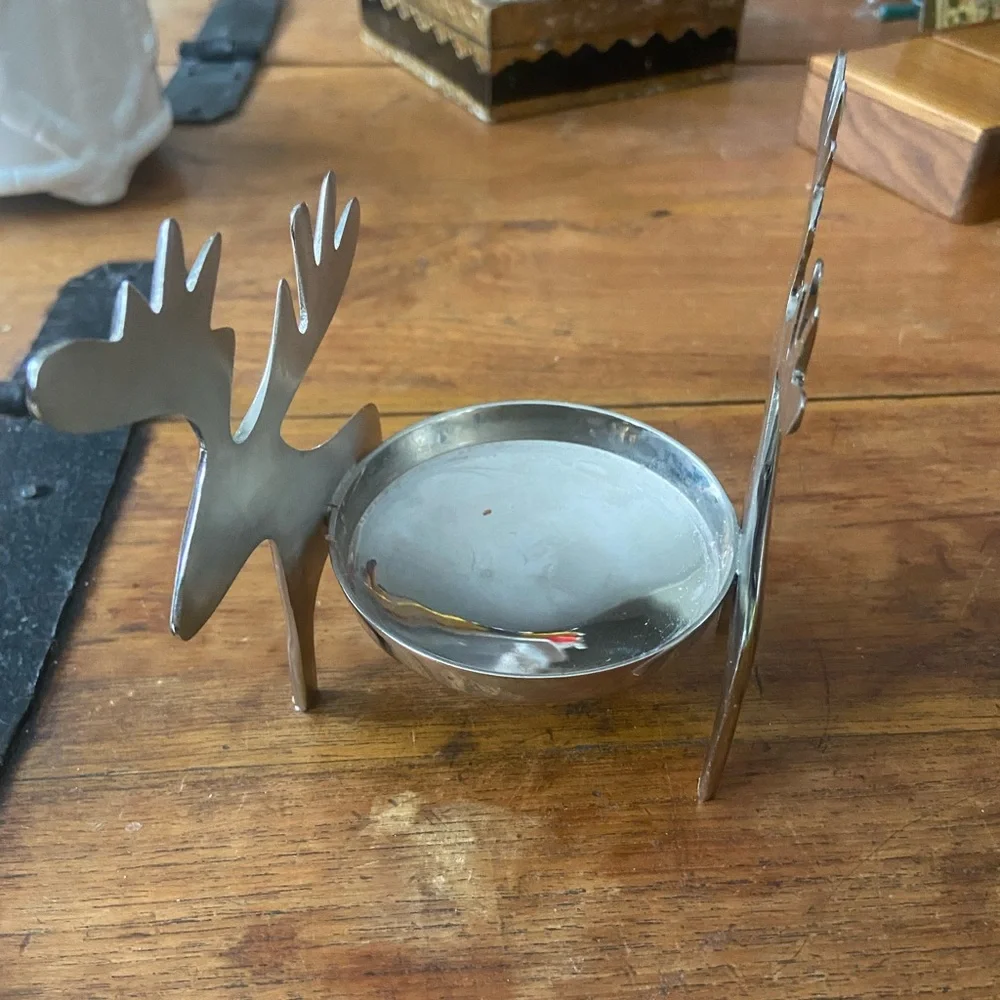 Crate&Barrel Silver Metal Reindeer Shaped Pillar Candle Holder